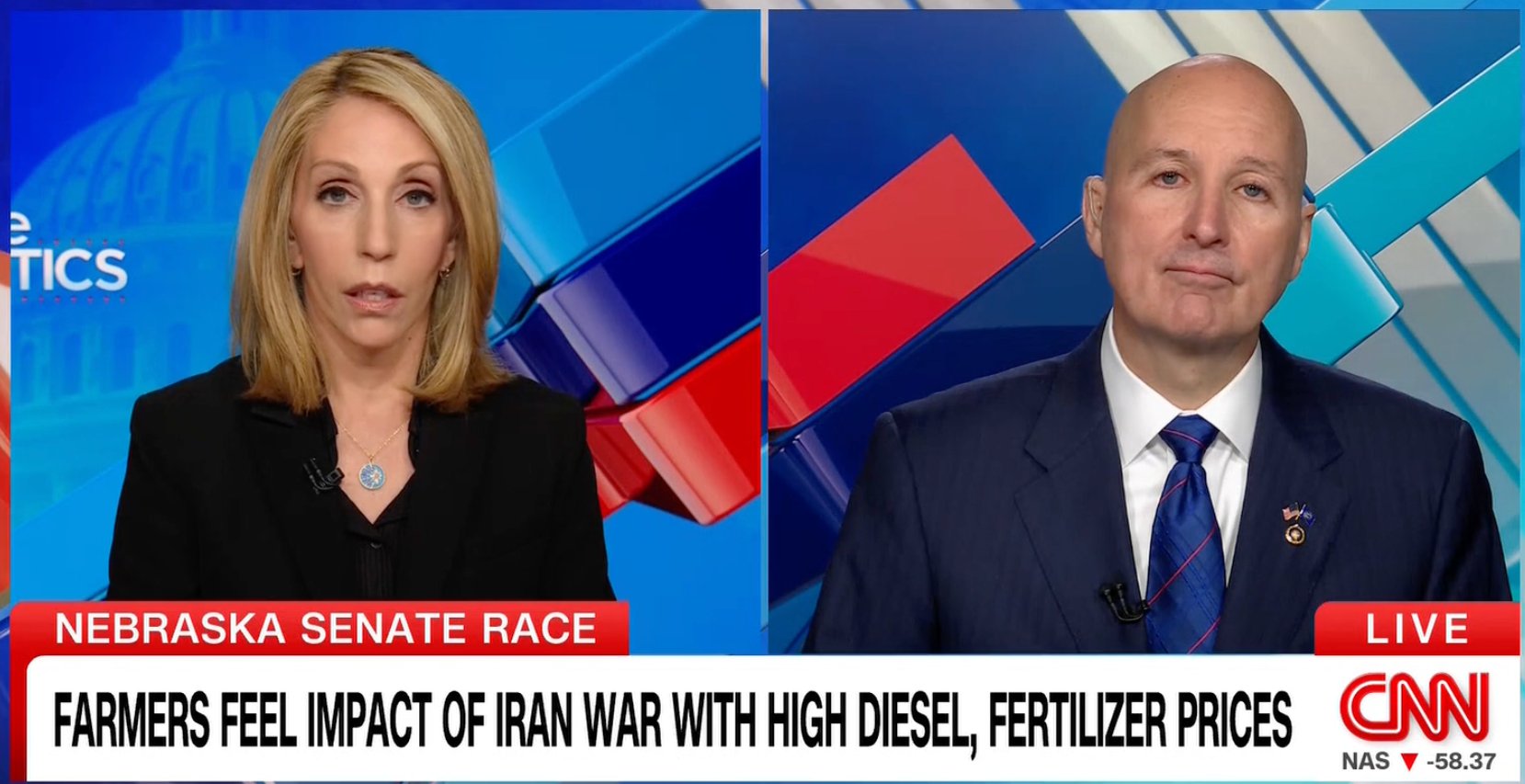 Sen. Pete Ricketts on CNN under the banner Farmers feel impact of Iran war with high diesel, fertilizer prices